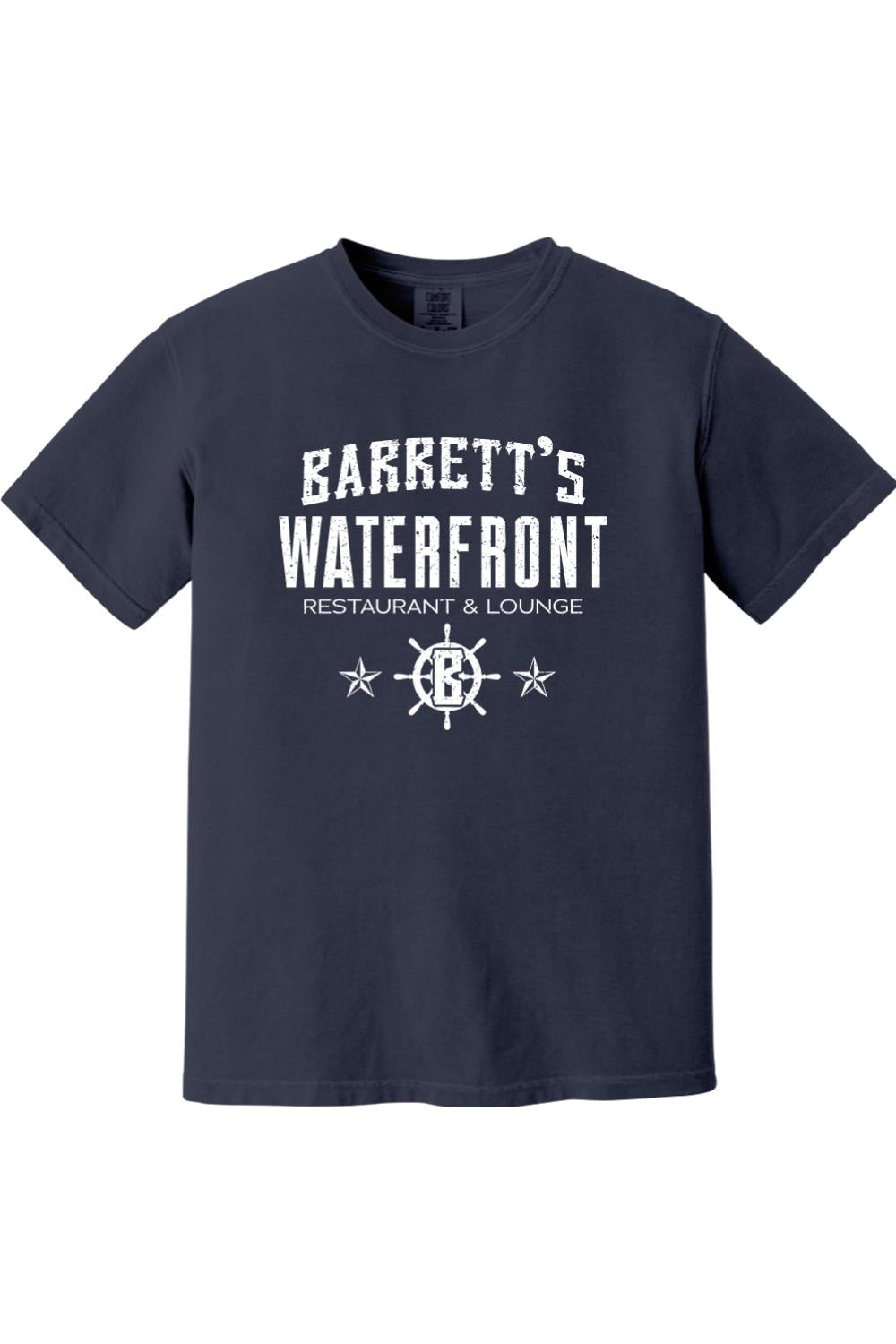 Navy blue Comfort Colors ringspun cotton t-shirt featuring a white Barrett's Waterfront logo and ship wheel graphic.