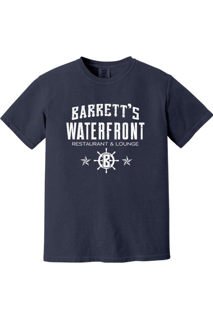 Navy blue Comfort Colors ringspun cotton t-shirt featuring a white Barrett's Waterfront logo and ship wheel graphic.
