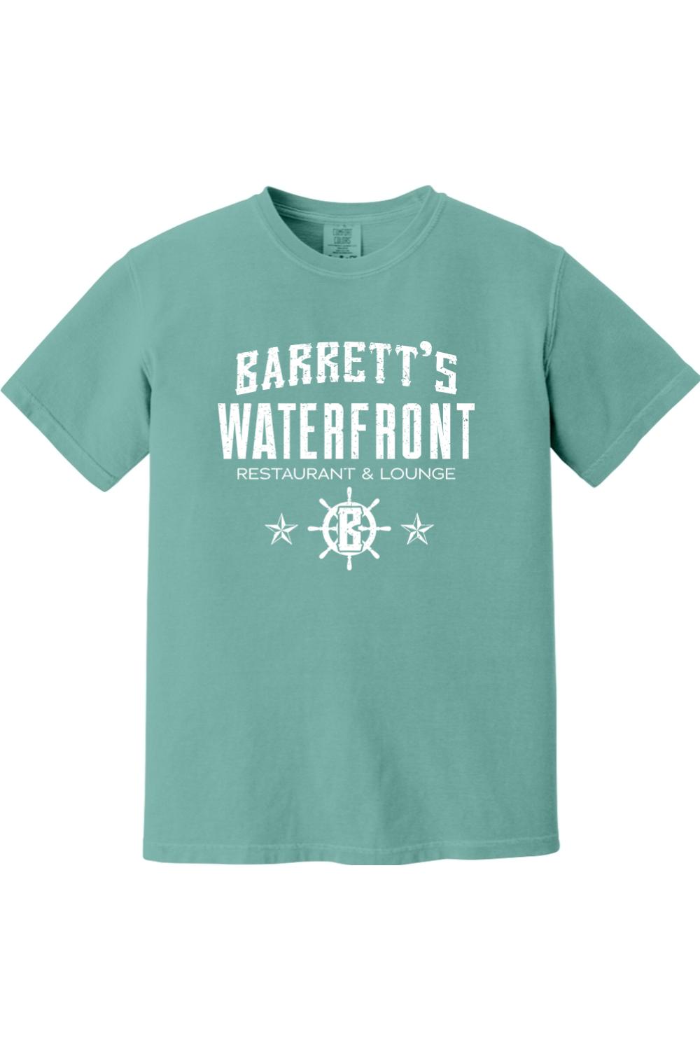 Teal Comfort Colors ringspun cotton t-shirt featuring a white Barrett's Waterfront restaurant logo and ship wheel.