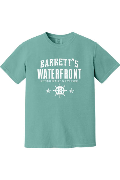 Teal Comfort Colors ringspun cotton t-shirt featuring a white Barrett's Waterfront restaurant logo and ship wheel.