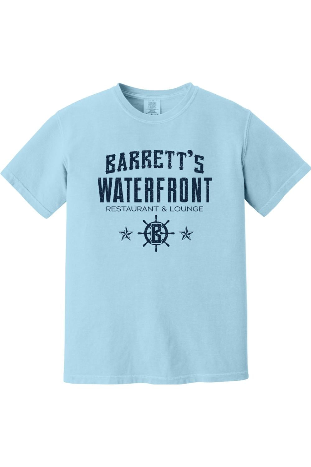 Light blue Comfort Colors ringspun cotton t-shirt featuring a navy blue Barrett's Waterfront logo and ship wheel graphic.