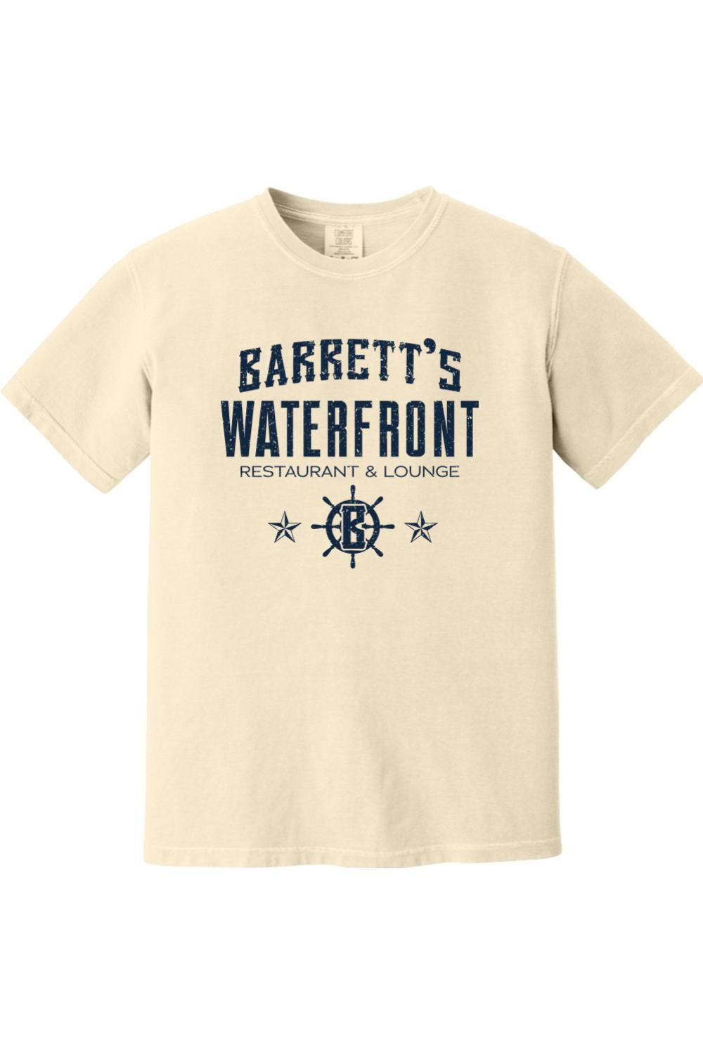 Cream-colored Comfort Colors ringspun cotton t-shirt featuring a navy blue Barrett's Waterfront logo and ship wheel.
