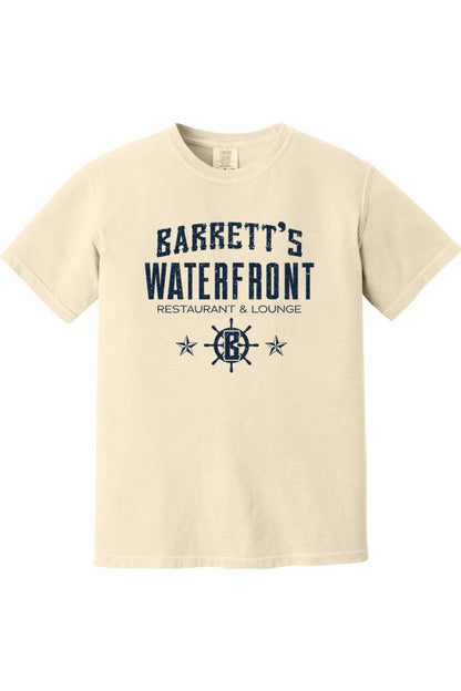 Cream-colored Comfort Colors ringspun cotton t-shirt featuring a navy blue Barrett's Waterfront logo and ship wheel.