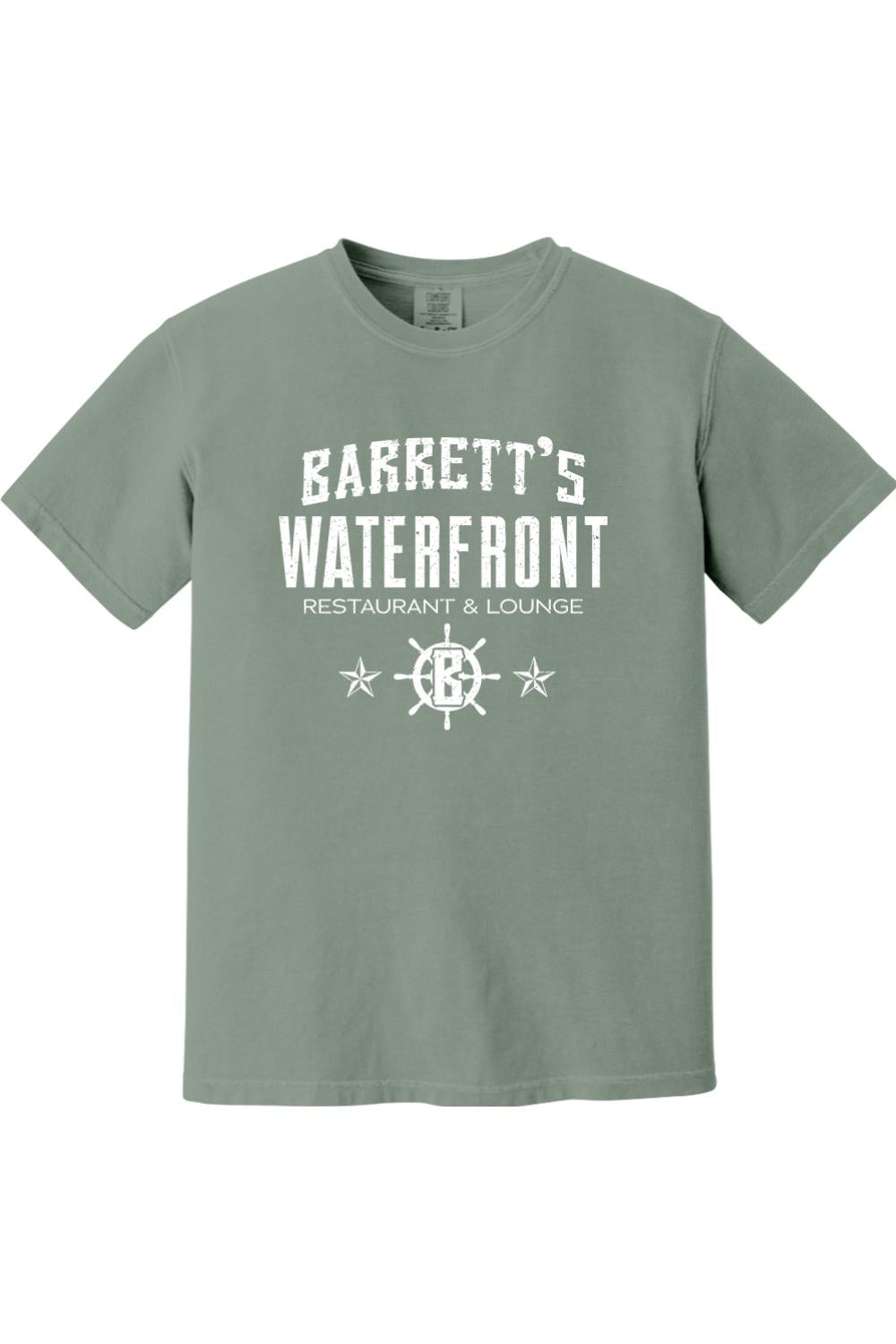 Sage green Comfort Colors ringspun cotton t-shirt featuring Barrett's Waterfront white graphic print.