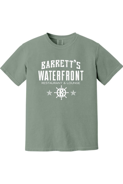 Sage green Comfort Colors ringspun cotton t-shirt featuring Barrett's Waterfront white graphic print.
