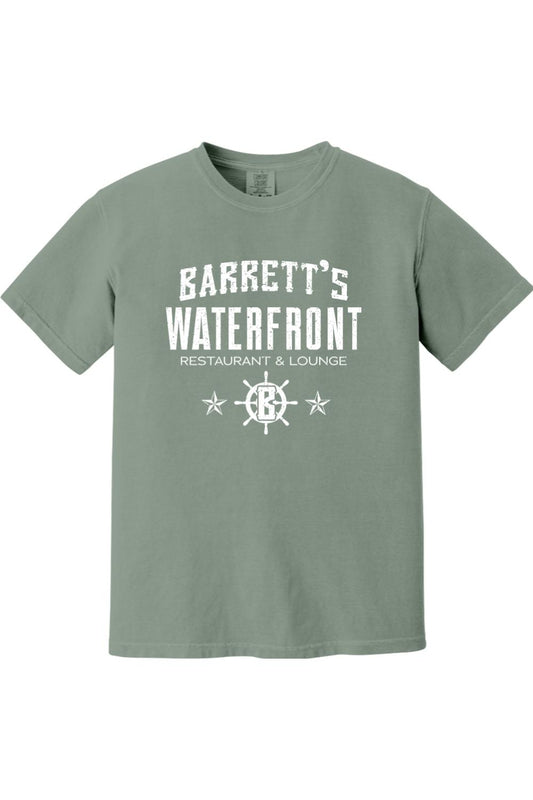 Sage green Comfort Colors ringspun cotton t-shirt featuring Barrett's Waterfront white graphic print.