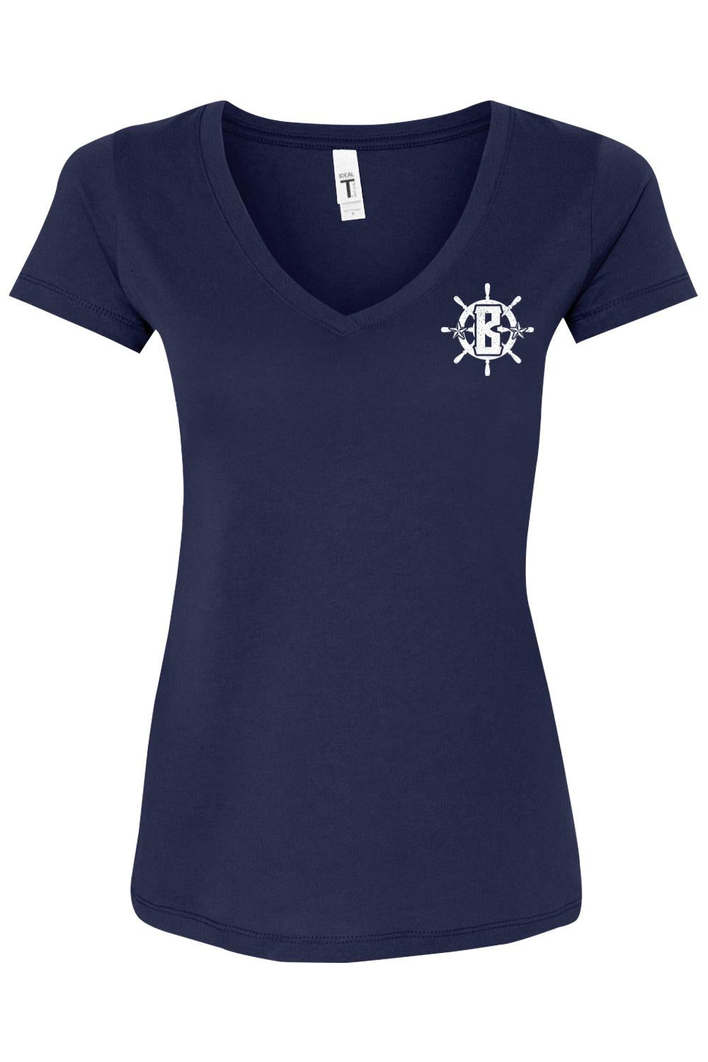 Navy blue women's v-neck cotton blend t-shirt featuring a white nautical ship wheel logo with a letter B.