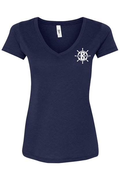 Navy blue women's v-neck cotton blend t-shirt featuring a white nautical ship wheel logo with a letter B.