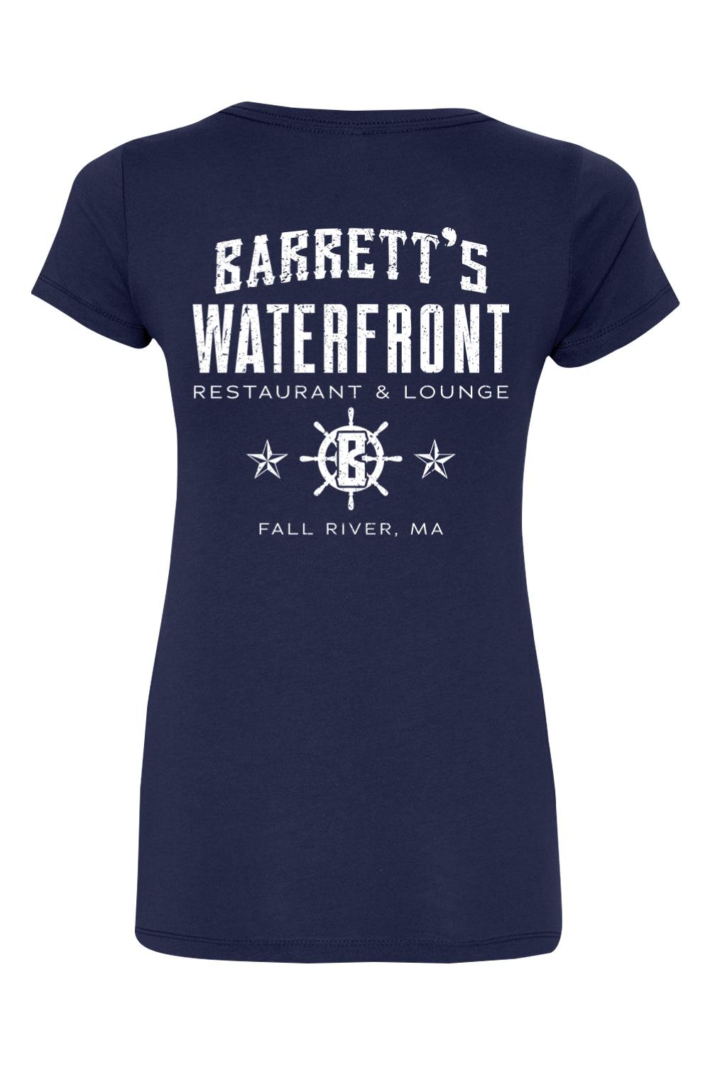 Navy blue women's cotton blend v-neck t-shirt featuring a white Barrett's Waterfront restaurant logo on the back.