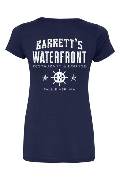 Navy blue women's cotton blend v-neck t-shirt featuring a white Barrett's Waterfront restaurant logo on the back.