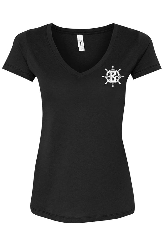 Black women's v-neck t-shirt in a soft cotton blend featuring a white nautical ship wheel and B logo on the chest.