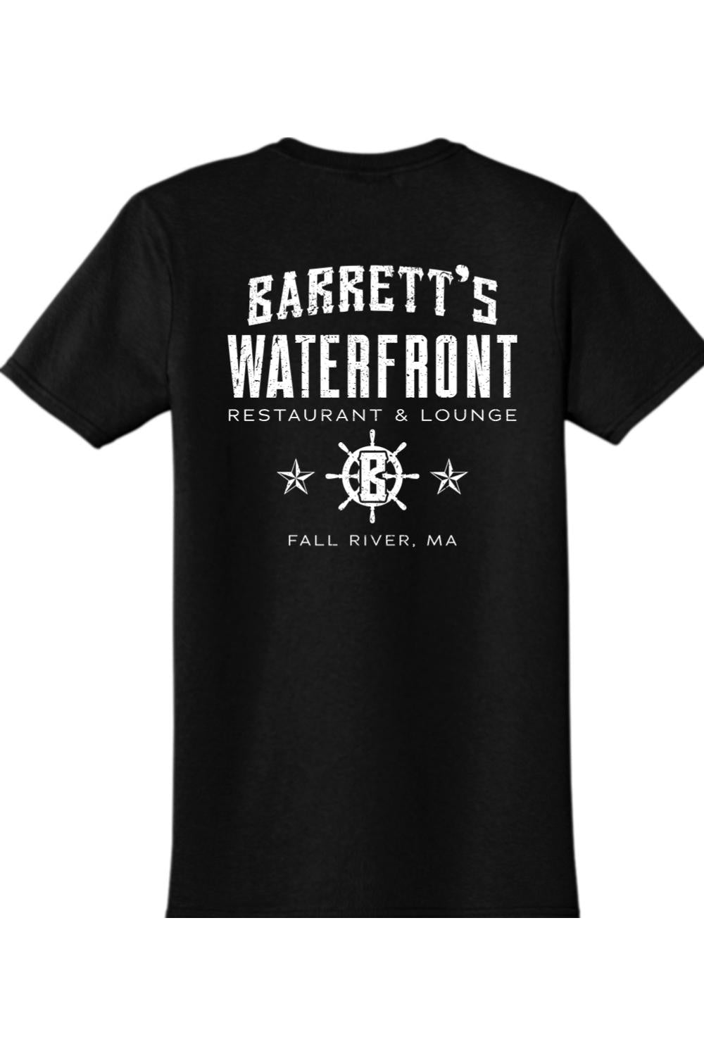 Black cotton t-shirt featuring a white Barrett's Waterfront restaurant logo with a ship wheel on the back.