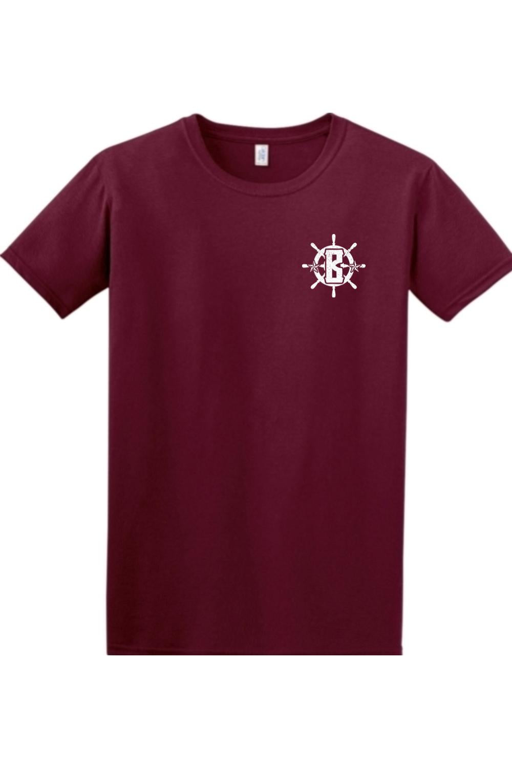 Maroon short-sleeve cotton t-shirt featuring a white nautical ship wheel logo with a letter B on the left chest.