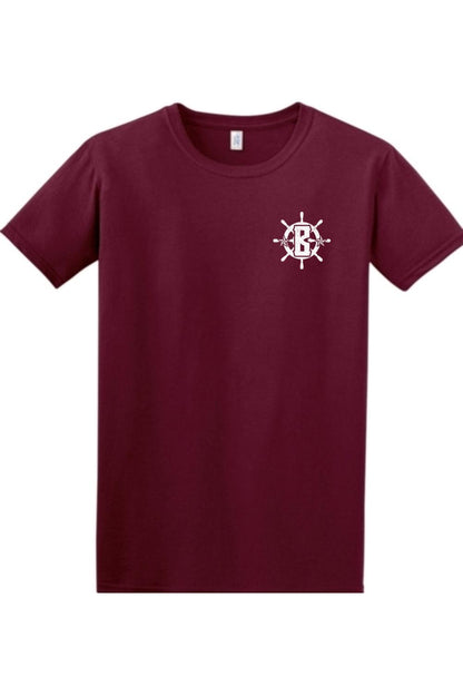 Maroon short-sleeve cotton t-shirt featuring a white nautical ship wheel logo with a letter B on the left chest.