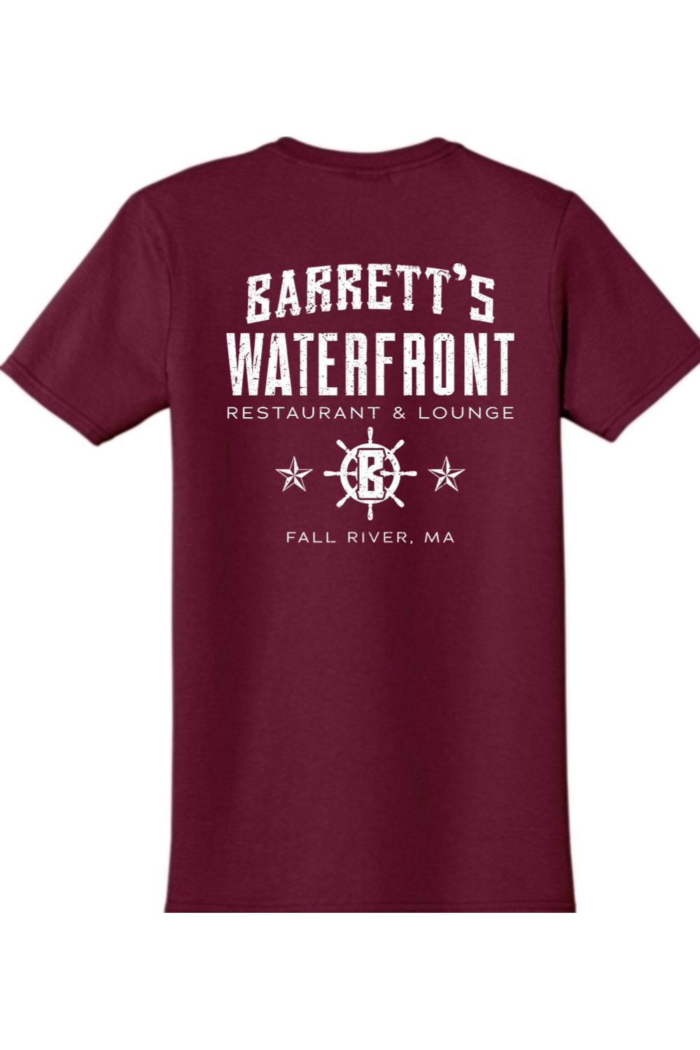 Maroon short-sleeve cotton t-shirt featuring a white Barrett's Waterfront logo with a nautical ship wheel design.
