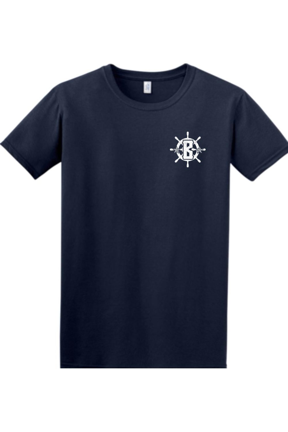 Navy blue short-sleeve cotton t-shirt featuring a white nautical ship wheel logo with a letter B on the chest.