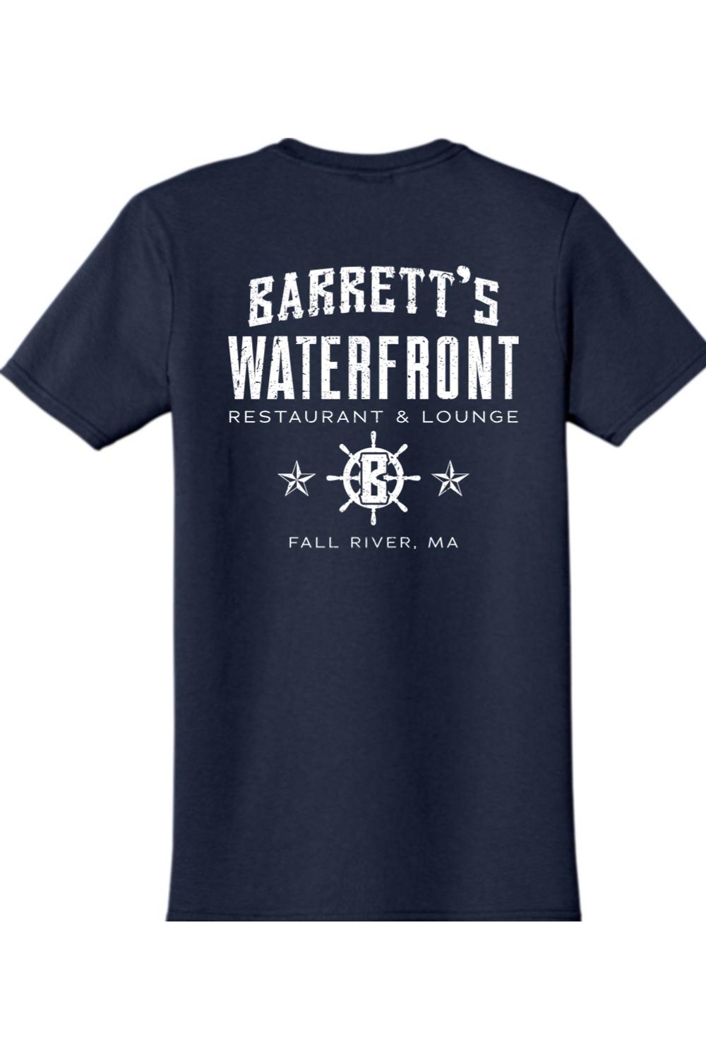 Navy blue cotton t-shirt featuring a white Barrett's Waterfront restaurant logo with a ship wheel on the back.