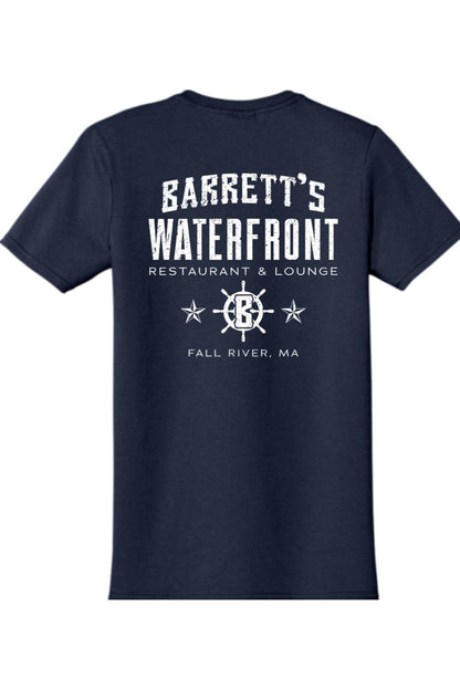 Navy blue cotton t-shirt featuring a white Barrett's Waterfront restaurant logo with a ship wheel on the back.