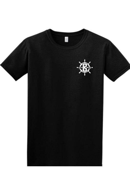 Black short-sleeve cotton t-shirt featuring a white nautical ship wheel logo with a letter B on the left chest.