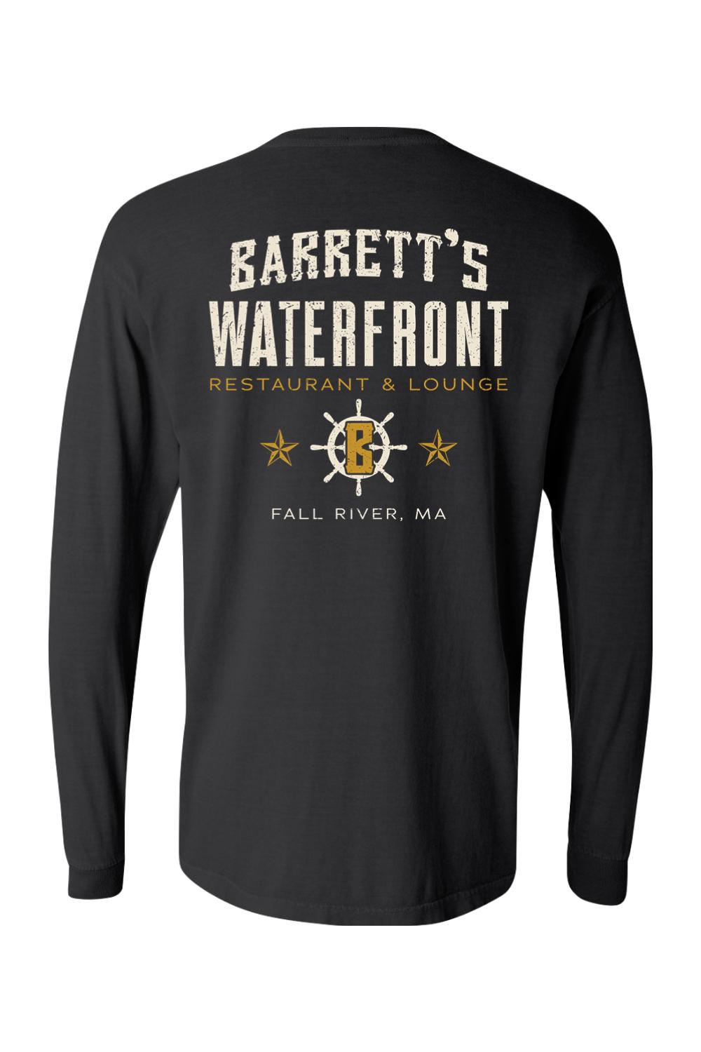 Black Comfort Colors long sleeve cotton t-shirt featuring a Barrett's Waterfront restaurant logo on the back.