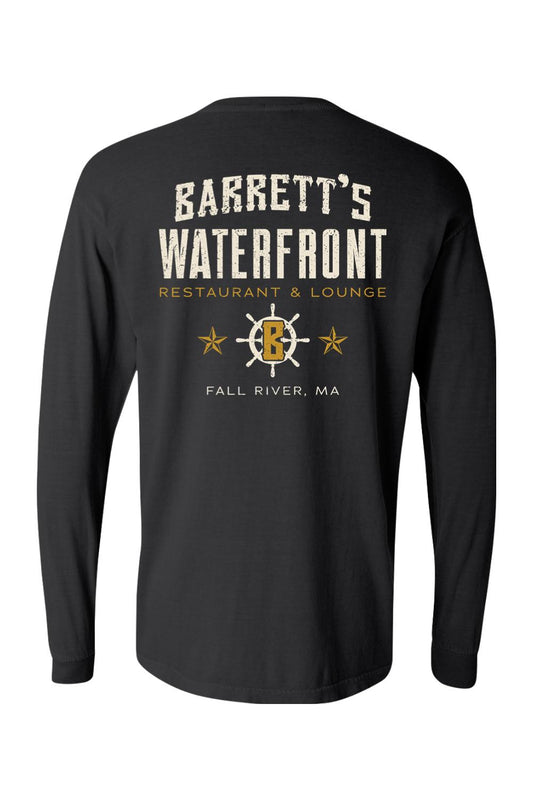 Black Comfort Colors long sleeve cotton t-shirt featuring a Barrett's Waterfront restaurant logo on the back.