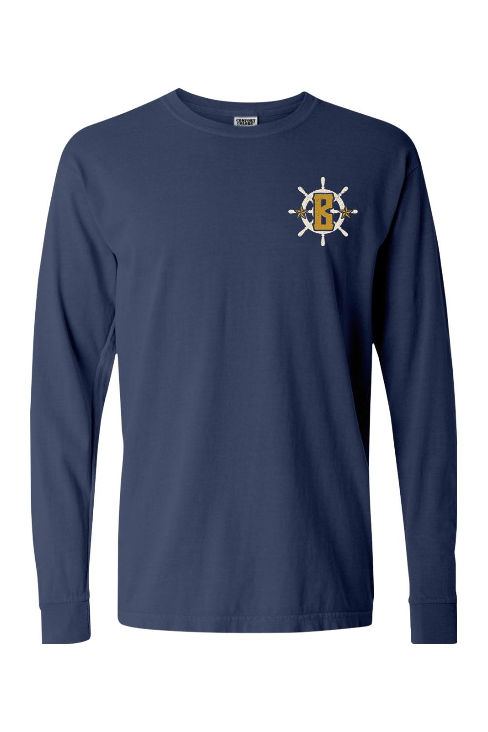 Navy blue Comfort Colors long sleeve cotton t-shirt featuring a white ship wheel logo with a gold letter B.