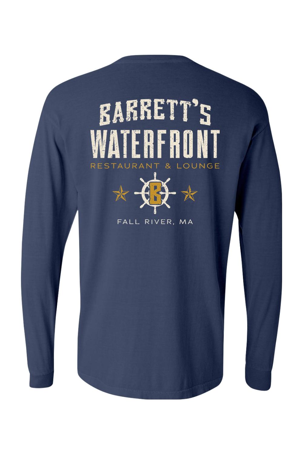 Navy blue Comfort Colors long sleeve t-shirt with Barrett's Waterfront logo and ship wheel graphic on the back.