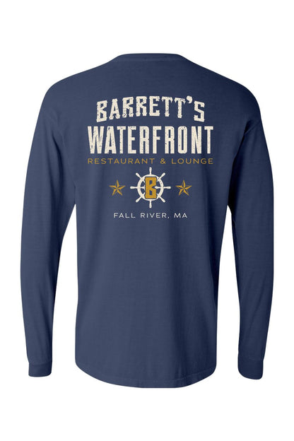 Navy blue Comfort Colors long sleeve t-shirt with Barrett's Waterfront logo and ship wheel graphic on the back.