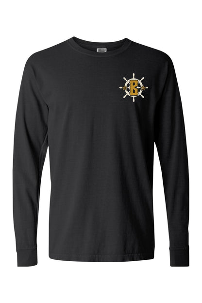 Black Comfort Colors long sleeve cotton t-shirt featuring a white ship wheel logo with a gold letter B on the chest.