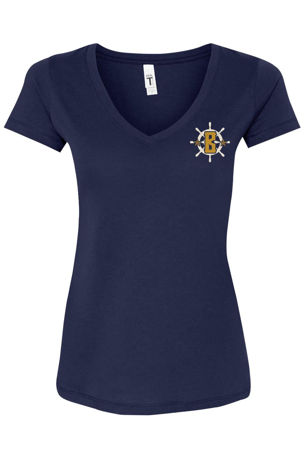 Navy blue women's cotton blend v-neck t-shirt featuring a gold letter B and white ship wheel logo on the chest.