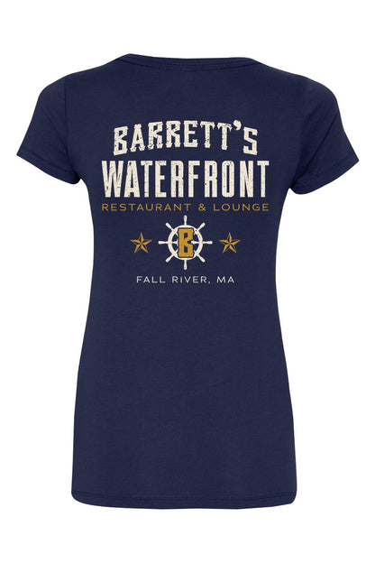 Navy blue women's cotton blend v-neck t-shirt featuring a white and gold Barrett's Waterfront logo on the back.