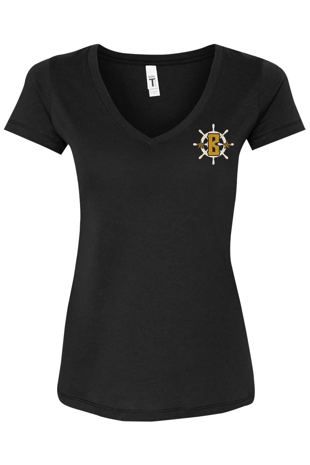 Black women's cotton blend v-neck t-shirt featuring a Barrett's Waterfront Lounge ship wheel logo on the chest.