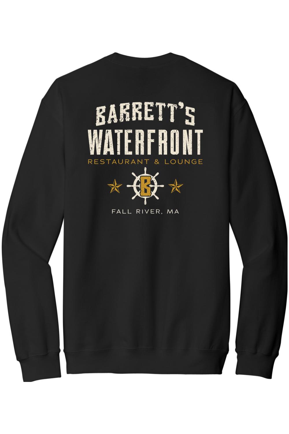 Black crewneck sweatshirt featuring a white and gold Barrett's Waterfront logo with a ship wheel on the back.