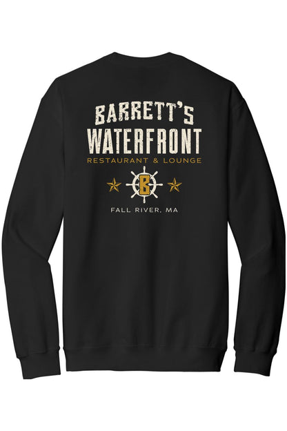 Black crewneck sweatshirt featuring a white and gold Barrett's Waterfront logo with a ship wheel on the back.
