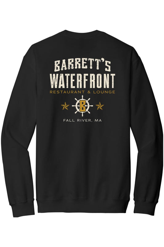 Black crewneck sweatshirt featuring a white and gold Barrett's Waterfront logo with a ship wheel on the back.