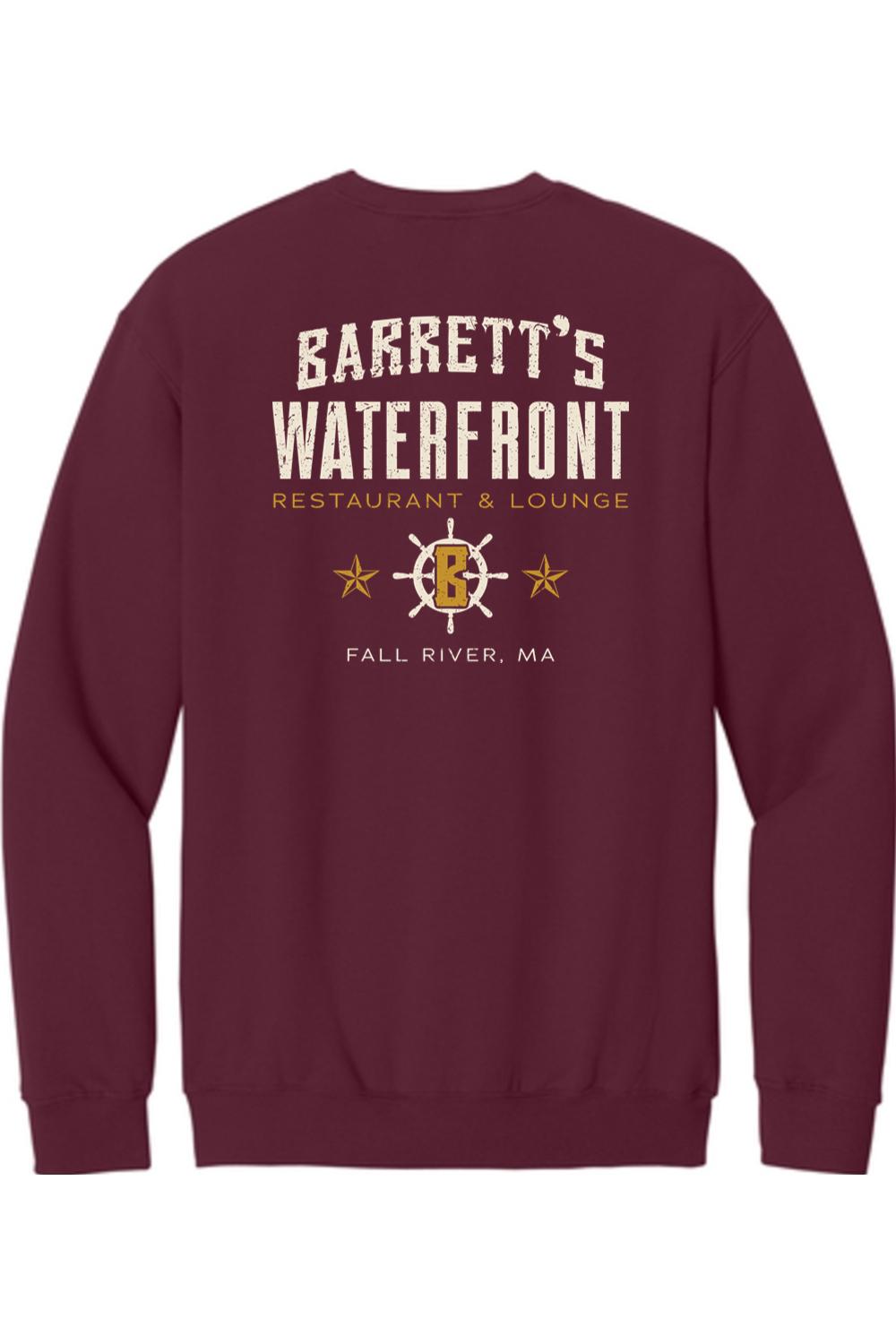 Maroon crewneck sweatshirt featuring a Barrett's Waterfront restaurant logo with a ship wheel and stars on the back.