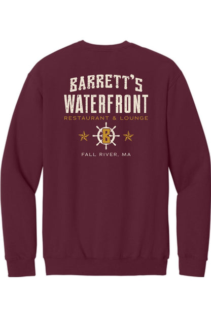 Maroon crewneck sweatshirt featuring a Barrett's Waterfront restaurant logo with a ship wheel and stars on the back.
