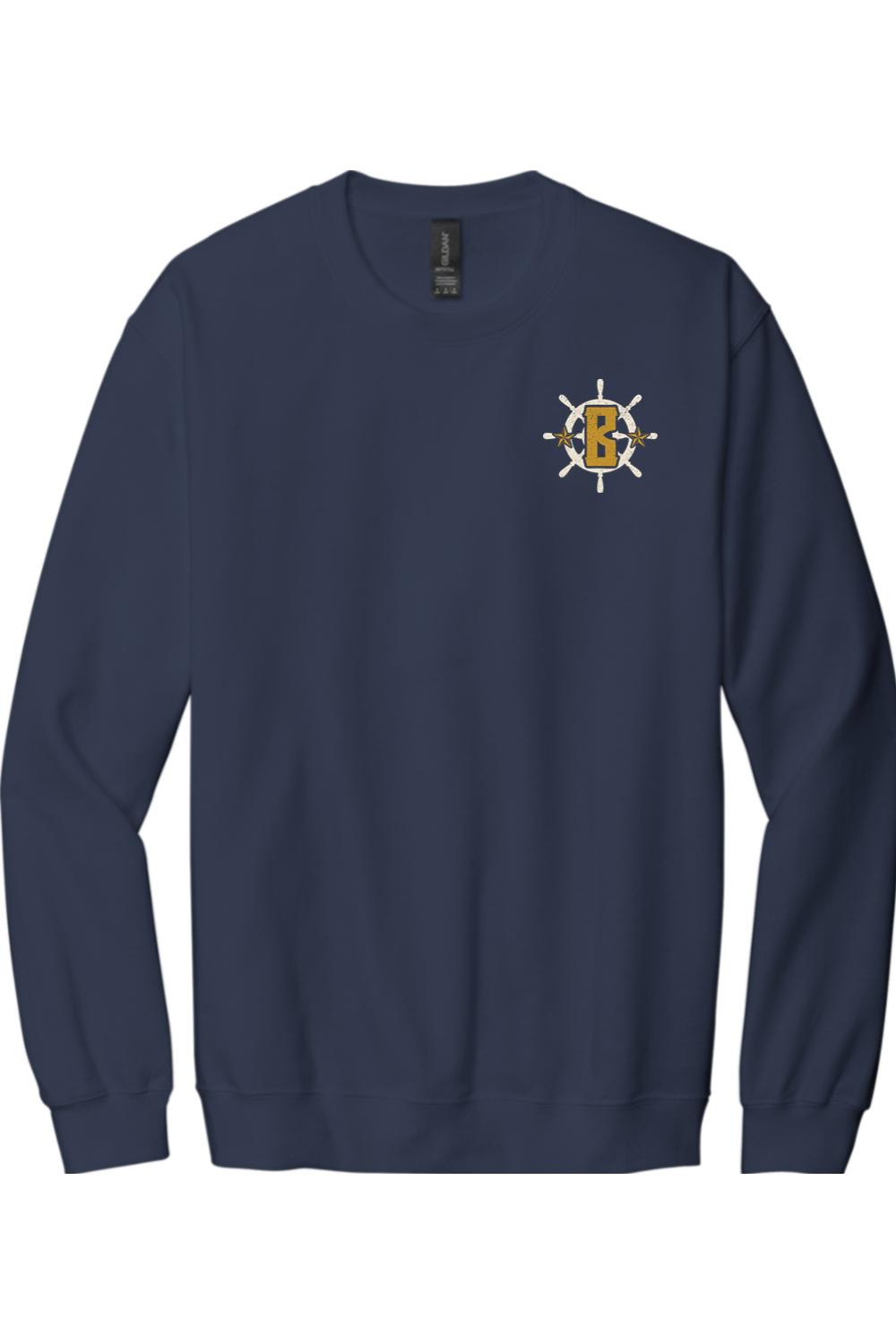 Navy blue crewneck sweatshirt featuring a gold letter B inside a white ship's wheel logo on the chest.