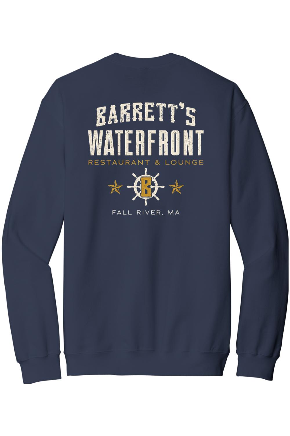 Navy blue crewneck sweatshirt featuring a white and gold Barrett's Waterfront restaurant logo on the back.