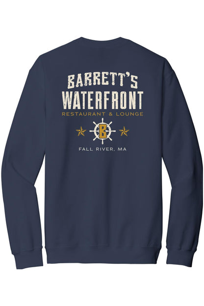 Navy blue crewneck sweatshirt featuring a white and gold Barrett's Waterfront restaurant logo on the back.