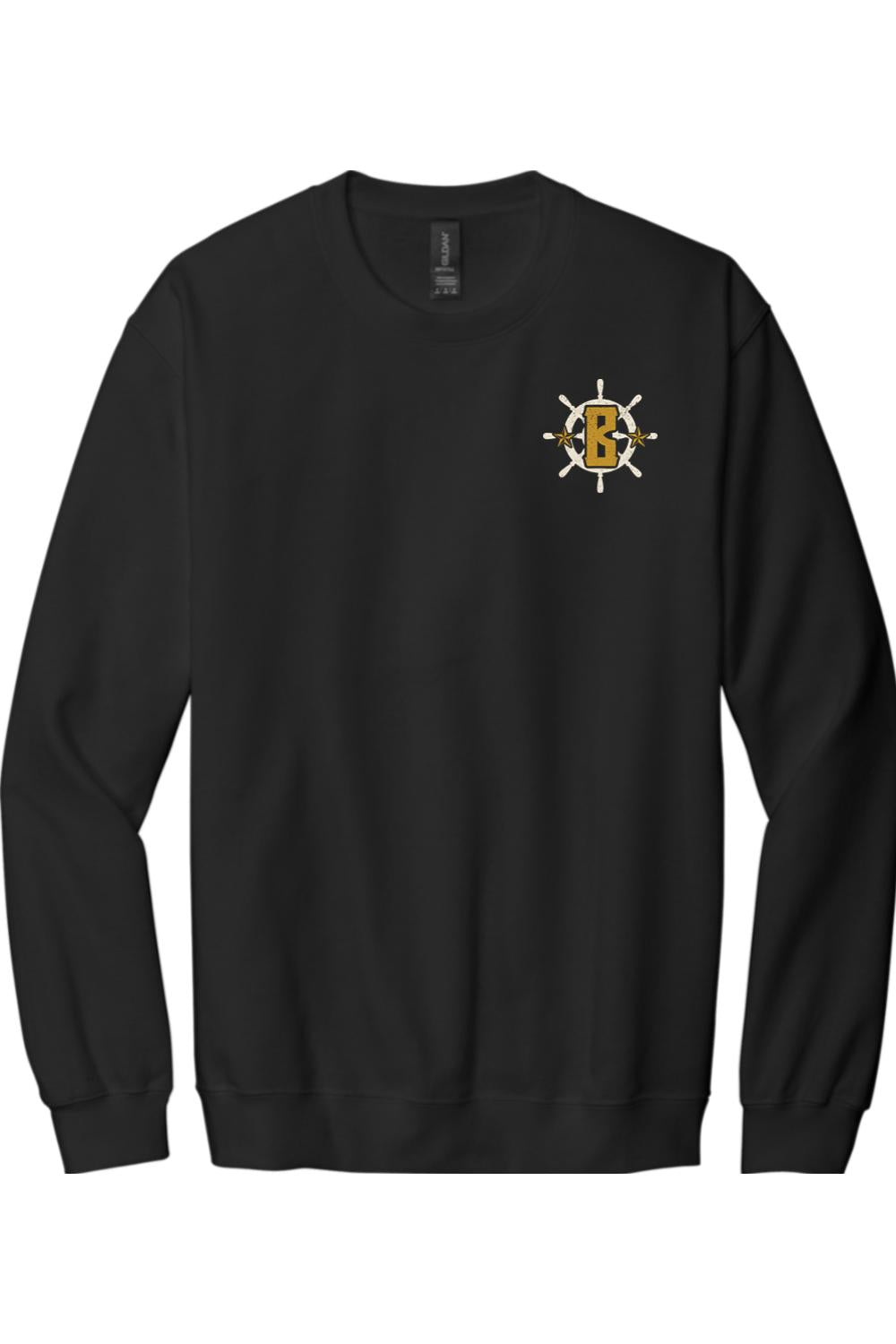 Black crewneck sweatshirt featuring a white ship's wheel logo with a gold letter B on the left chest.