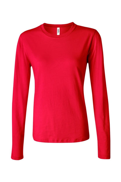 Bella + Canvas women's red long sleeve jersey tee with a classic crew neck and a soft, fitted silhouette.