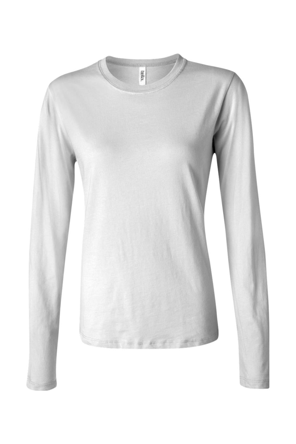 White Bella + Canvas women's long sleeve jersey tee with a classic crew neck and a flattering, fitted silhouette.