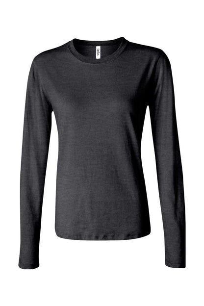 Black Bella + Canvas women's long sleeve jersey tee with a classic crew neck and a soft, fitted silhouette.