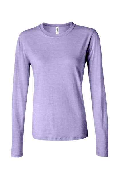 Lavender Bella + Canvas women's long sleeve jersey crew neck tee with a soft, fitted silhouette.