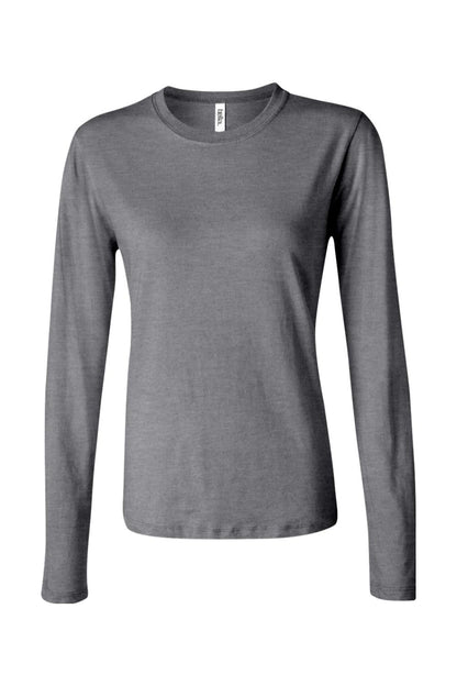 Dark grey Bella + Canvas women's long sleeve jersey tee with a classic crew neck and fitted silhouette.