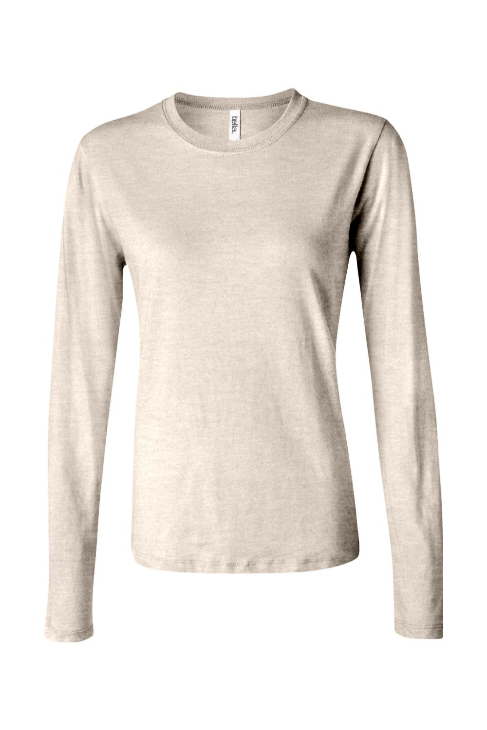 Bella + Canvas women’s oatmeal heather long sleeve jersey tee with a classic crew neck and fitted silhouette.