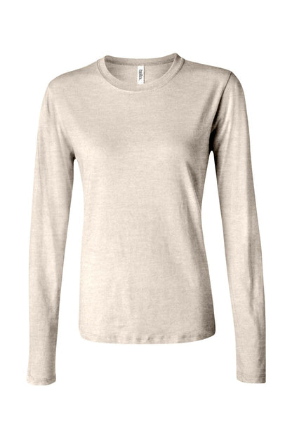 Bella + Canvas women’s oatmeal heather long sleeve jersey tee with a classic crew neck and fitted silhouette.