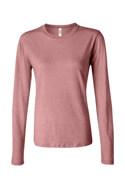 Dusty rose Bella + Canvas women's long sleeve jersey tee with a classic crew neck and fitted silhouette.