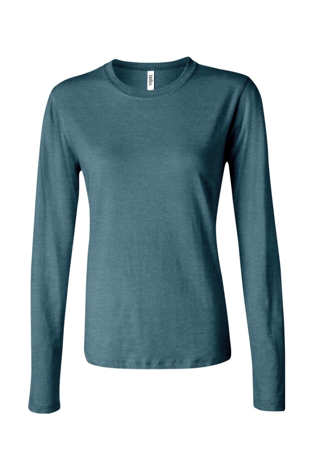 Women’s teal crew neck long sleeve jersey tee with a fitted silhouette and soft fabric finish.